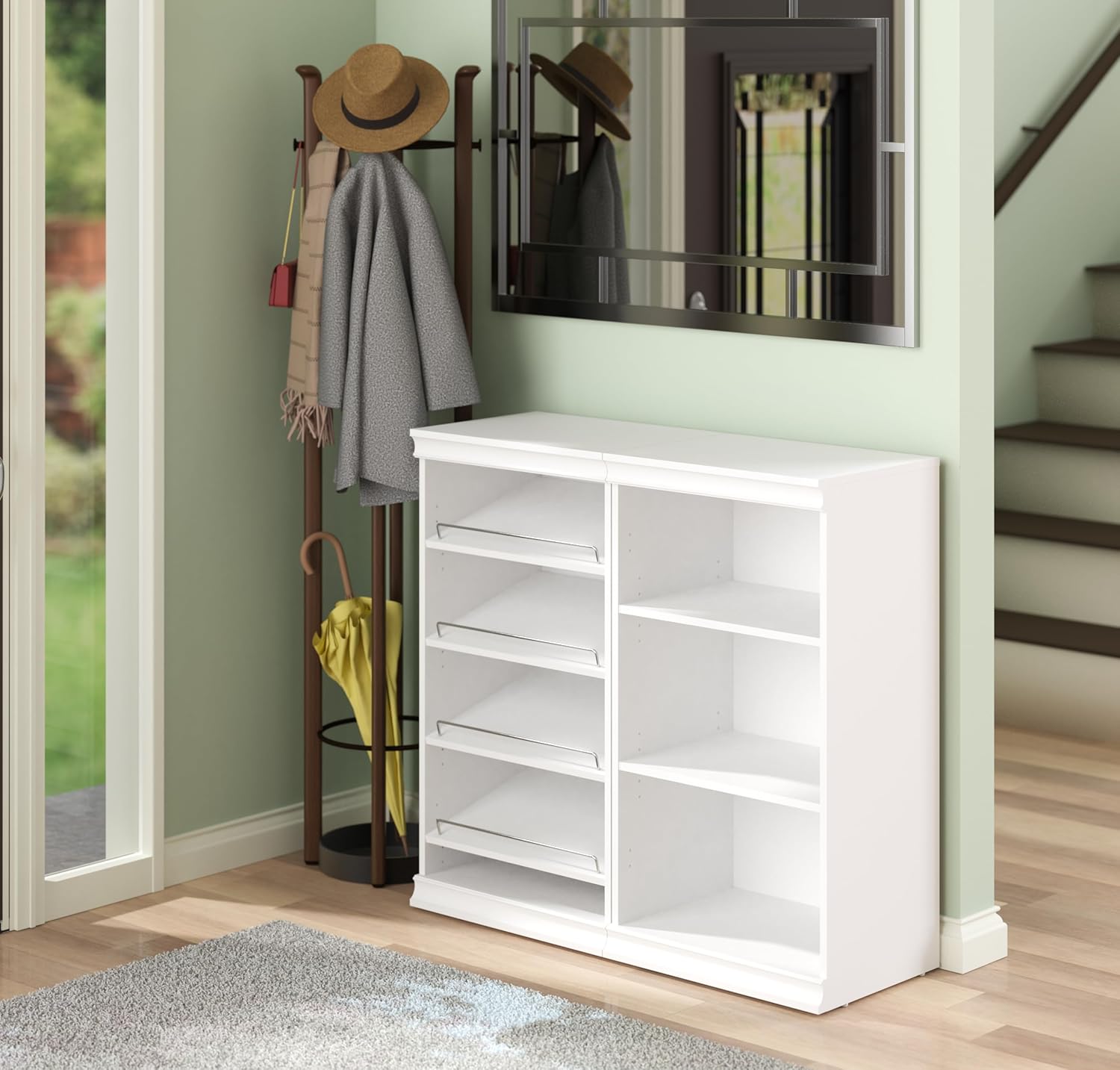 ClosetMaid Modular Storage Angled Shelves, Wood Closet Organizer Adjustable, Stacking, Full Backer, Decorative Trim, White, Shoe Shelf Unit